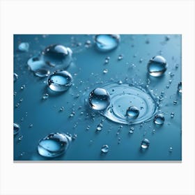 A Macro Photograph Of Water Droplets On A Blue Background, Capturing The Spherical Shapes, Reflections, And Ripples Of Water Canvas Print