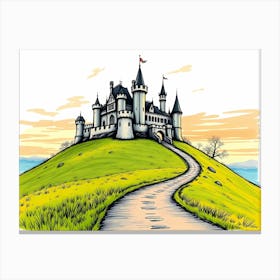 Castle On A Grassy Hill With Winding Path, Sketched Painting Art Canvas Print