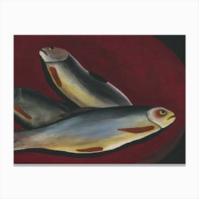 Three Fish In A Bowl painting modern contemporary figurative kitchen food artwork dark red Canvas Print