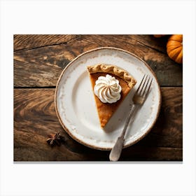 Pumpkin Pie Slice Topped With Whipped Cream Captured From Above Resting On The Weathered Wooden Sur (1) Canvas Print