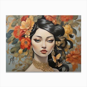 Asian Woman With Flowers Canvas Print