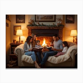 Cozy Room Interior In A Norman Rockwell Painting Style Family Of Four Engaged In A Shared Reading M (3) Canvas Print