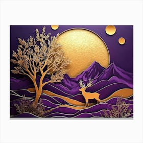 Golden Lines, Golden Deer and Tree in Purple Background. Golden Sun and Mountain Canvas Print