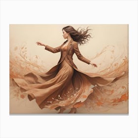 Woman In A Flowing Brown Dress And Coat, With A Swirling Floral Pattern Canvas Print