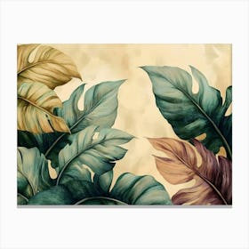 Vintage Tropical Green Brown Leaves, Beige Background, Golden Texture Painting Canvas Print