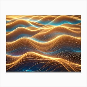 Abstract, Undulating Waves Of Glowing, Golden Lines On A Dark Background With Hints Of Blue Light, Resembling A Digital Or Technological Landscape Canvas Print