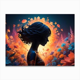 Silhouette Of A Woman With Flowing Hair Surrounded By A Vibrant, Colorful Floral Arrangement Canvas Print