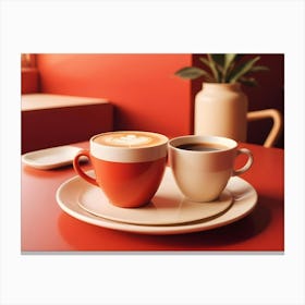 A Close Up Shot Of Two Coffee Mugs, One With Latte Art And The Other With Black Coffee, Sitting On A White Plate On A Red Table Canvas Print