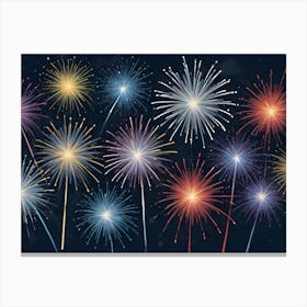 Watercolor Style Illustration Of A Fireworks Display In Various Colors Against A Dark Background Canvas Print