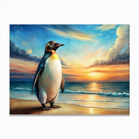 Emperor Penguin On A Beach At Sunset With Golden Sky Canvas Print