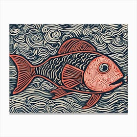 Fish In The Waves Linocut Canvas Print