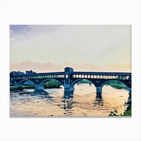 Ponte Coperto at Sunset. This illustration captures the iconic Ponte Coperto, or Covered Bridge, in Pavia, Italy, set against a serene sunset. The bridge’s silhouette reflects gracefully over the Ticino River, with soft pastel hues in the sky and water, creating a peaceful and nostalgic atmosphere. The image showcases Pavia’s historical charm and the timeless beauty of Italian architecture. Canvas Print