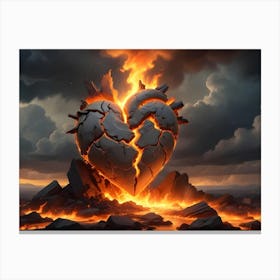 A Large, Broken Stone Heart Engulfed In Flames Canvas Print