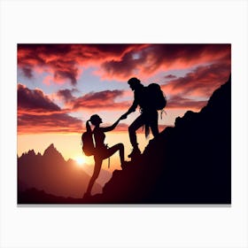 Silhouette Of A Couple Hiking At Sunset Canvas Print