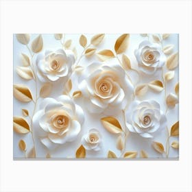 3d White Paper Roses on A White Background, Golden Leaves, An Elegant Floral Pattern 1 Canvas Print