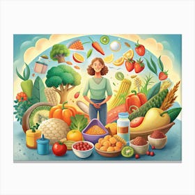 Woman Surrounded By Healthy Food Canvas Print