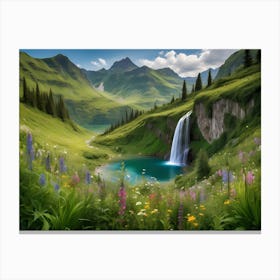 Waterfall In Lush Green Mountains With Wildflowers And Lake Canvas Print