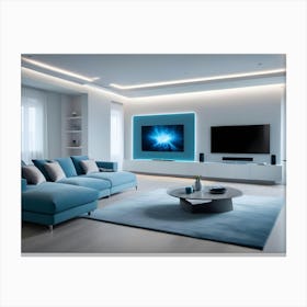 A Modern Living Room Interior With A Blue Couch, A Coffee Table, And A Large Tv Canvas Print