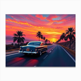 Sunset At The Beach With A Vintage Car Canvas Print