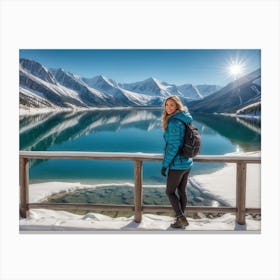 Woman trekking at snowy winter Alps, Rocky Mountains 1 Canvas Print