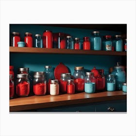 A Still Life Arrangement Of Red And Blue Jars And Bottles On A Wooden Shelf, Creating A Minimalist And Colorful Display Canvas Print