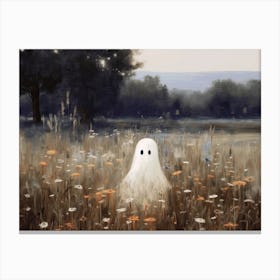 Cute Bedsheet Ghost In Flower Landscape Vintage Style, Halloween Spooky Canvas Print