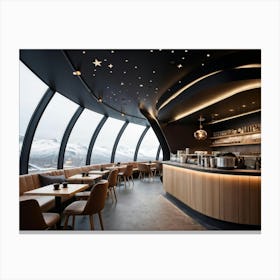 Hyper Realistic Nordic Style Coffee Shop Situated Inside An Innovative Spaceship With A View Toward Canvas Print