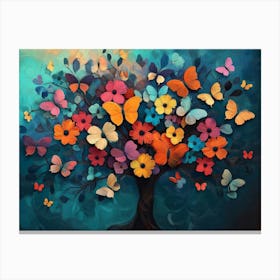 Multicolor Flower With Leaves And Butterflies Above On The Tree Illustration Background Canvas Print