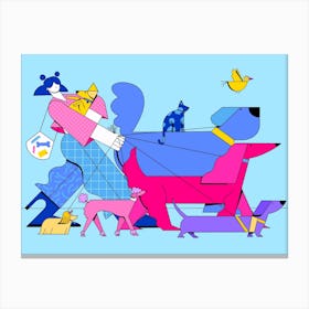 Dog Sitting Blue & Pink Canvas Print