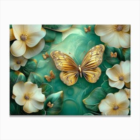 3d Abstract Floral Background with Green Flowers and Golden Butterfly 3 Canvas Print