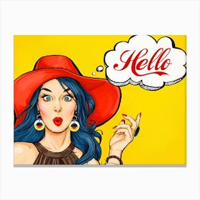Pop Art Girl With Red Hat Over Yellow Background Canvas Print