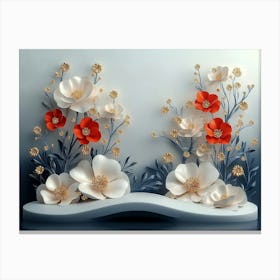 3d White and Blue Background with Flowers Canvas Print