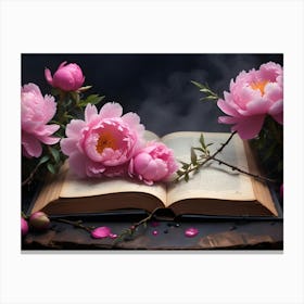 Pink Peonies Arranged On An Open Book With A Dark, Smoky Background Canvas Print