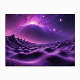 A Panoramic View Of A Purple Hued Alien Planet With Rolling Hills, Multiple Moons, And A Distant Galaxy In The Sky Canvas Print