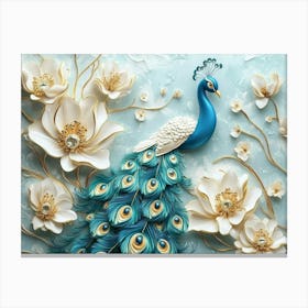 3d Peacock Illustration Background With Golden Jewelry And Flowers 3 Canvas Print