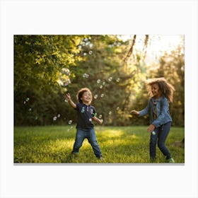 Two Children Playing With Soap Bubbles Canvas Print