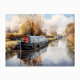 Moored Blue And Red Canal Boat Canvas Print