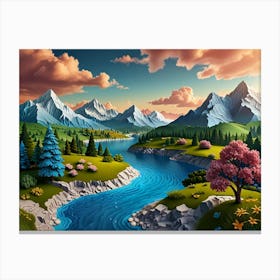 Landscape With Mountains And River Canvas Print