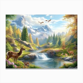 Nature Travel Lovely Countryside View Valley Meadow Beautiful Place Background with Mountains, Deer Animals, Flowers 1 Canvas Print