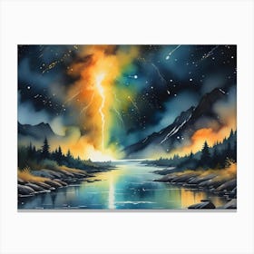 Watercolor Painting Of A Lightning Storm Over A Mountain Lake, With Vibrant Colors And A Dramatic Sky Canvas Print