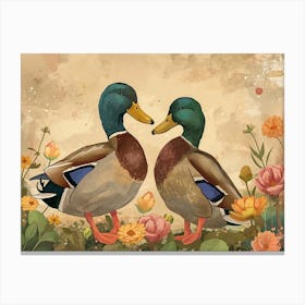 Floral Animal Illustration Mallard Duck 1 Canvas Print
