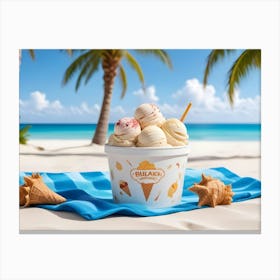 A Still Life Photo Of A Bucket Of Ice Cream With A Tropical Beach Backdrop Canvas Print