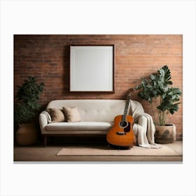 Acoustic Guitar and blank frame in living room 3 Canvas Print