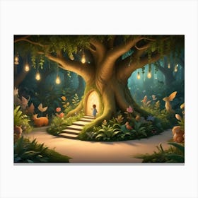 A Whimsical Illustration Of A Young Girl Entering A Magical Forest With Glowing Lights And Fantastical Creatures Canvas Print