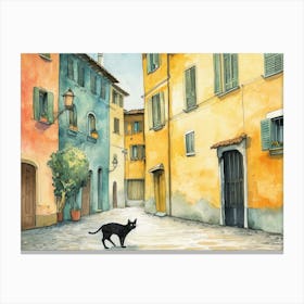 Black Cat In Modena, Italy, Street Art Watercolour Painting 4 Canvas Print