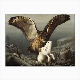 Vintage Painting Owl And Rabbit Canvas Print