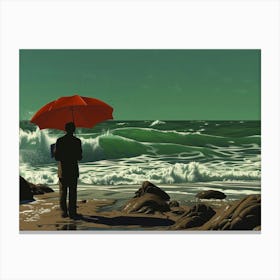 Man On Beach With Umbrella Canvas Print