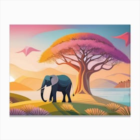 Elephant, Sunset Light In Forest; Animal Wildlife; Old Baobab Tree 18729 Canvas Print