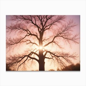 Silhouette Of A Majestic Tree With Sun Shining Brightly Through Its Branches Against A Pink And Orange Sunset Sky Canvas Print