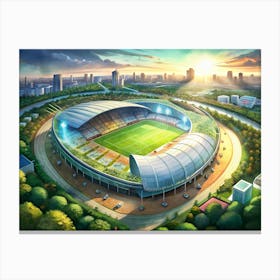 Modern Stadium With Green Roof And A City Skyline In The Background Canvas Print